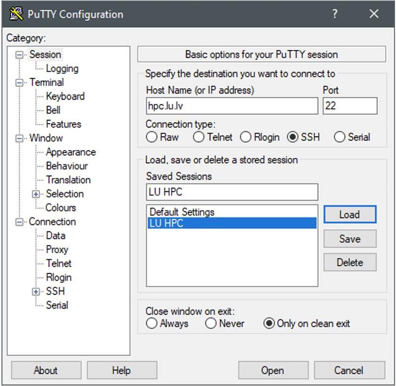 PuTTY konfigurācija
